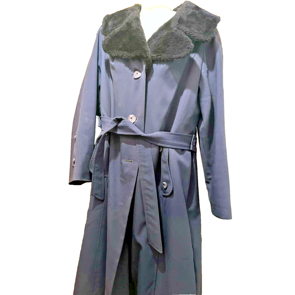 Vintage Blue and Black Trench Coat Faux Fur Collar L/XL